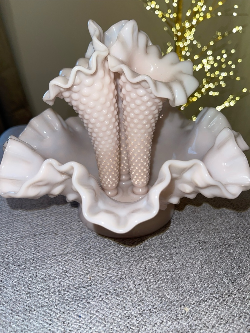 Fenton Hobnail Triple Epergne Vase in Pink Milk Glass - Picture 5 of 10